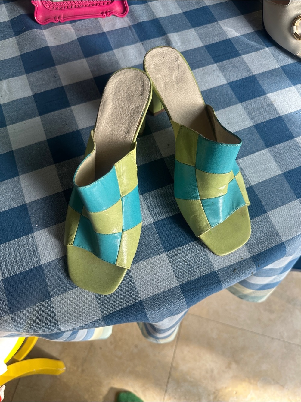 Woven Slide Mules in Green & Aqua